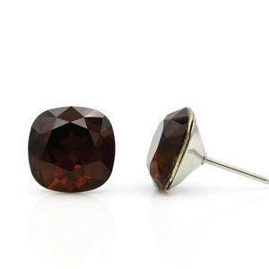 10mm Brown Swarovski Studs | Cushion Cut Crystal Earrings | Hypoallergenic Studs